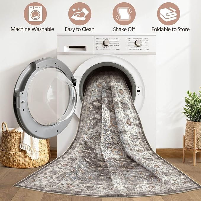 9x12 Area Rug Living Room: Washable Boho Large Neutral Vintage Soft Rugs Stain - Image 2