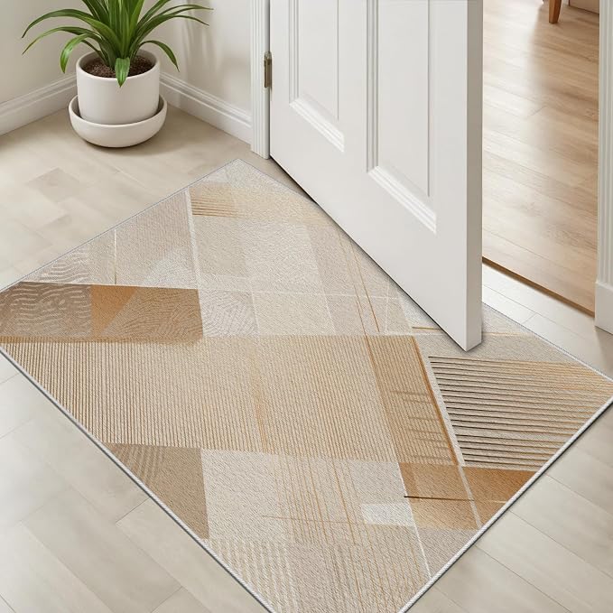 Minimalist Abstract Area Rug 5x7 Brown Boho, Modern Washable Stripe Art Rugs - Image 4