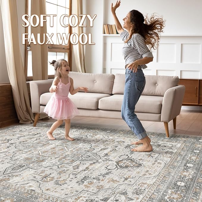 8x10 Area Rugs Living Room: Washable Boho Large Neutral Vintage Soft Rug Stain - Image 3