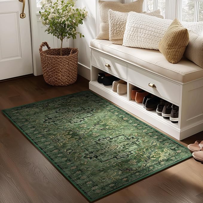 Dark Green 3x4 Rugs for Entryway Indoor, Distressed Medallion Door Mat Indoor by Jainmy