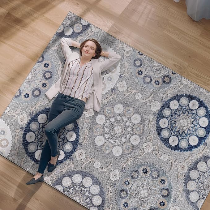 CAMILSON Indoor Outdoor Rug 9x12 Bohemian Medallion Floral Area Rugs - Image 3