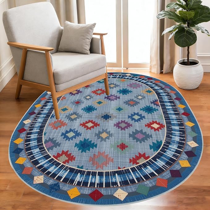 Funky Vintage Blue Red Orange Geometric Texture Indoor Area Rug - Image 2