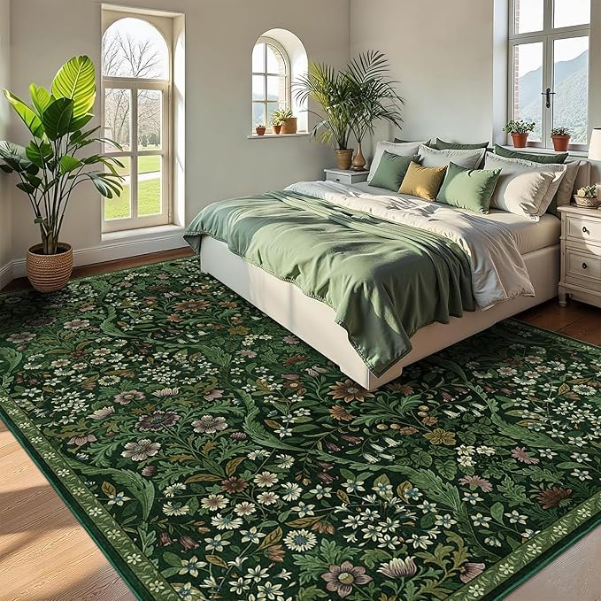9x12 Dark Green Vintage Floral Area Rug, Washable Large Boho Living Room Rugs - Image 4