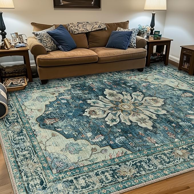 Area Rugs 7'x9' Washable Non-Slip, Floral Vintage Distress Print Pattern by RELEANY