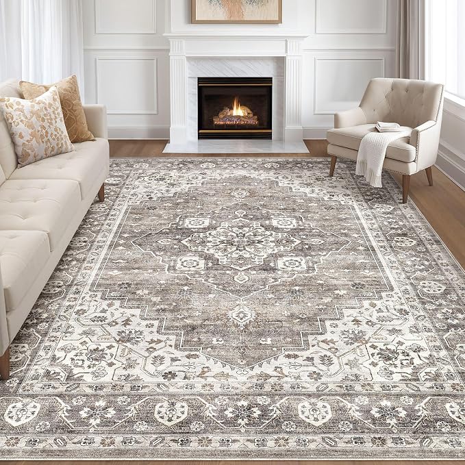 10x14 Area Rugs Living Room: Washable Boho Large Neutral Vintage Soft Rug Stain by LOONGRUG
