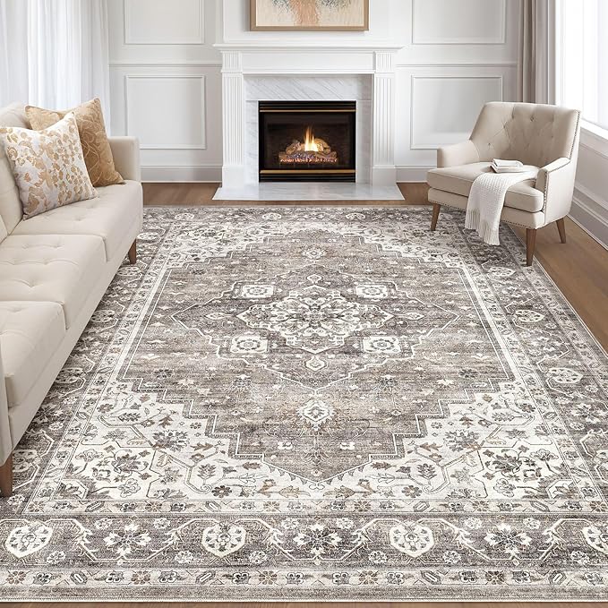 7x9 Area Rug Living Room: Washable Boho Large Neutral Vintage Soft Rugs Stain by LOONGRUG
