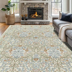 Vintage Beige Blue Living Room Rug, 9x12 Washable Area Rugs - Image 2
