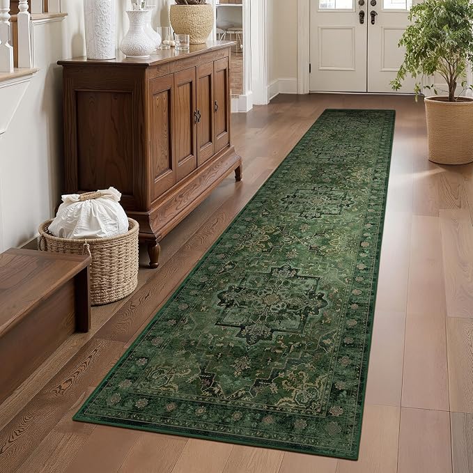Dark Green Runner Rug 2x10 for Hallways, Retro Distressed Moody Medallion Long by Jainmy