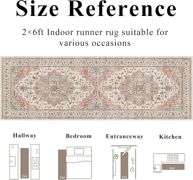 2x6 Vintage Runner Rug Low Pile Runners Non-Slip Machine Washable Rug Retro - Image 8