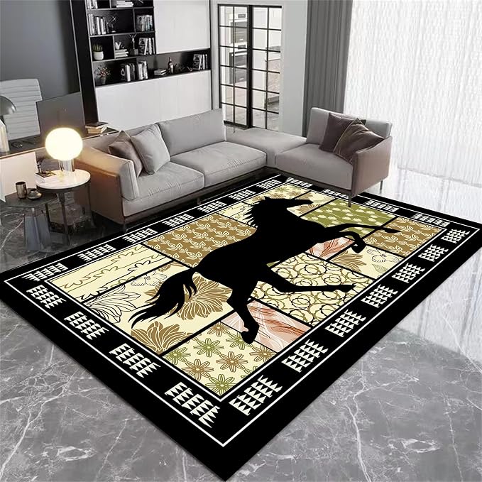 Western Horse Print Rugs 7x9ft, Boho Floral Area Rug, Botanical Print Low Pile - Image 3