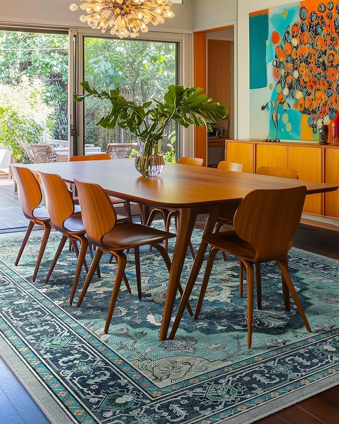 Area Rugs 10'x12' Washable Non-Slip, Floral Vintage Distress Print Pattern - Image 2