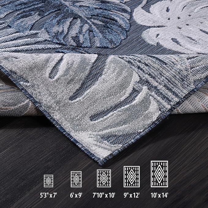 CAMILSON Indoor Outdoor Rug Navy Blue 4x6 Leaf Tropical Botanical Area Rugs - Image 6