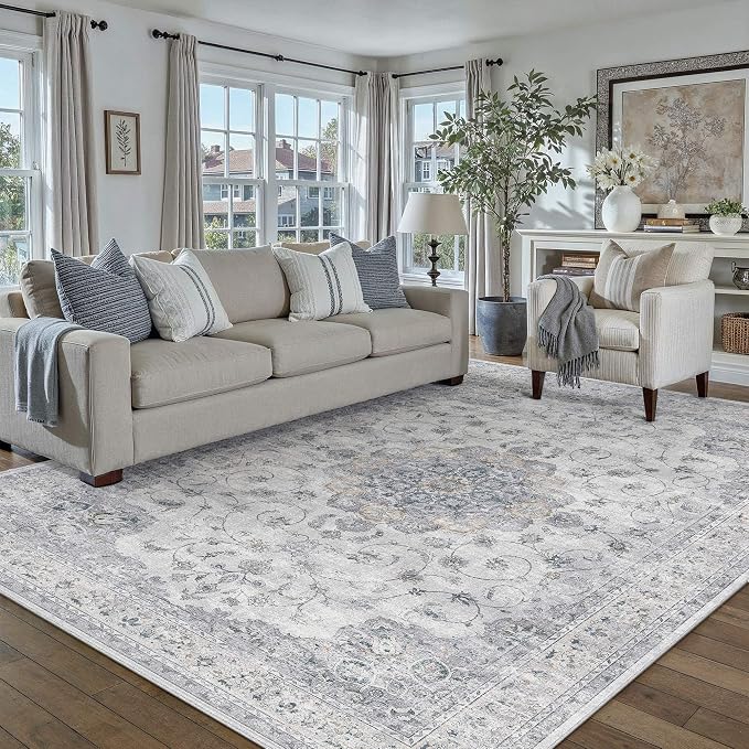 HUGEAR Machine Washable Area Rugs 5x7 Vintage Blue Living Room Bedroom Rug by HUGEAR
