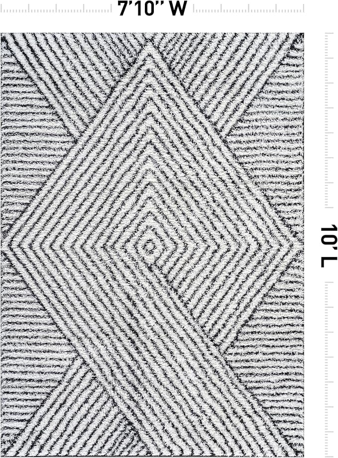 Rugshop Geometric Diamond Stripe Shag Area Rug White 7' 10" x 10' Perfect - Image 2