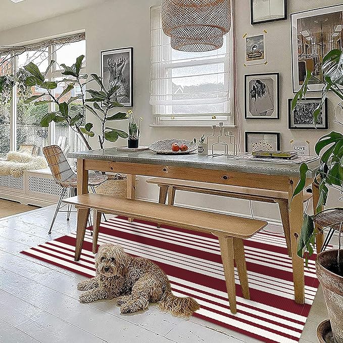 KOZYFLY Striped Outdoor Rug 3x5 Ft Red and White Christmas Front Door Rug Woven - Image 3