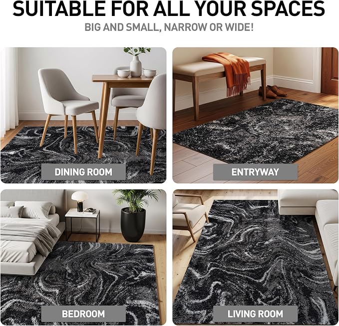 Rugshop Abstract Marble Shag Area Rug Anthracite Dark Gray 5' x 7' Great - Image 3