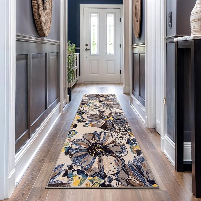 Rugshop Cream Bright Flowers Non Slip Non-Shedding Runner Rug - Image 10