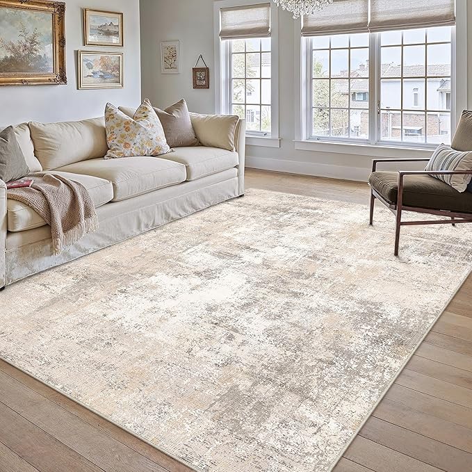 7x10 Washable Area Rug Beige Grey Abstract Living Room Bedroom Throw Rug - Image 5