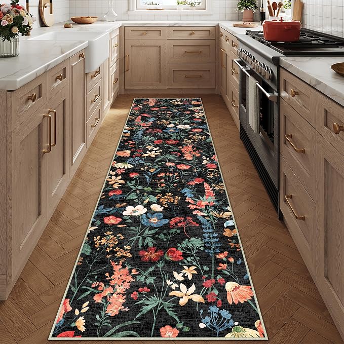 Floral Runner Rug 2x5 Washable Hallway Long Black Bedroom Carpet Non Slip - Image 9