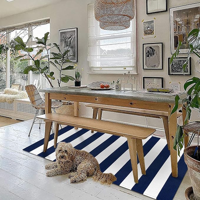 KOZYFLY Striped Outdoor Rug 3x5 Ft Front Door Rug Navy and White Hand Woven - Image 3