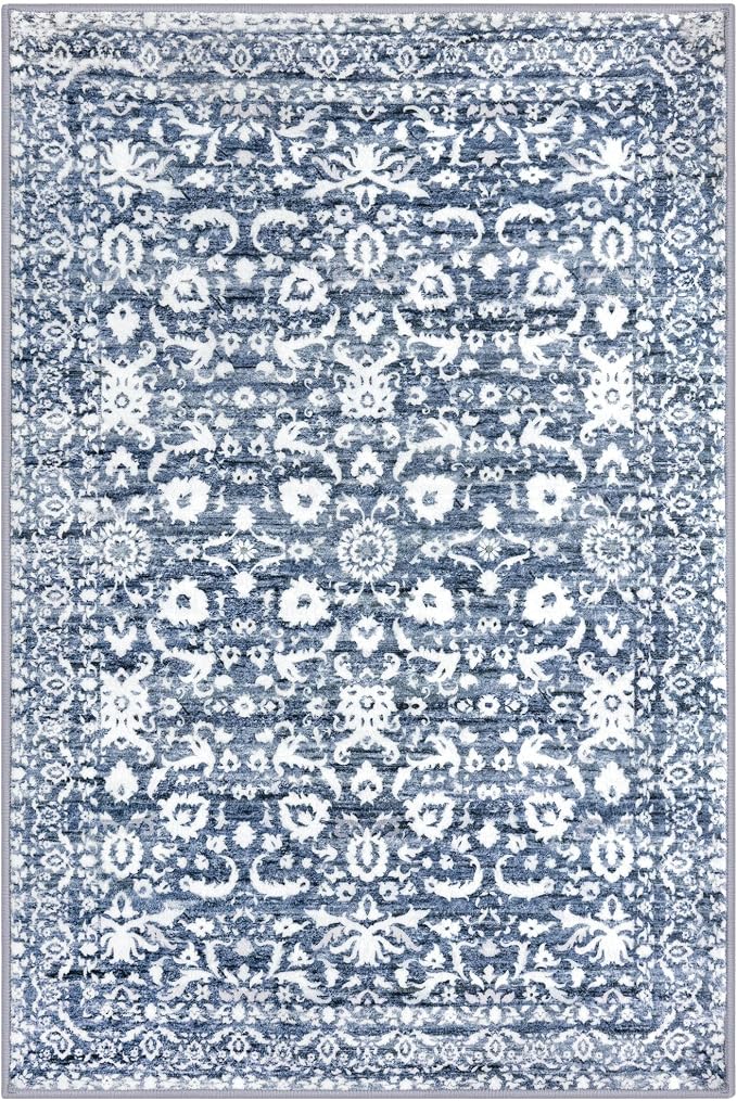 Vintage 4x6 Living Room Washable Rug, Light Blue White Non-Slip Soft Bedroom - Image 9