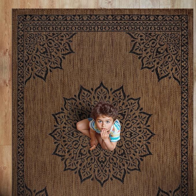CAMILSON Outdoor Rug, 10x14 Medallion Nut Brown Black Modern Area Rugs - Image 5