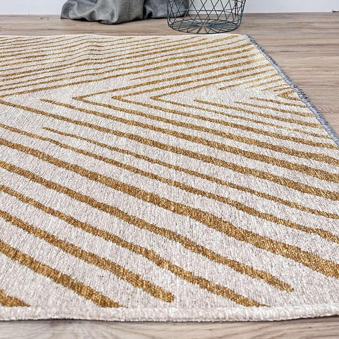 Alfa Rich 3x5 Geometric Gold Off White Washable Area Rugs - Image 4