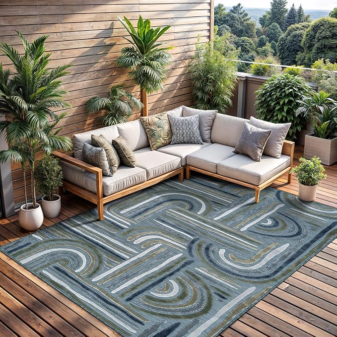 CAMILSON Indoor Outdoor Rug, Aqua 6x9 Geometric Arch Striped Area Rugs - Image 4