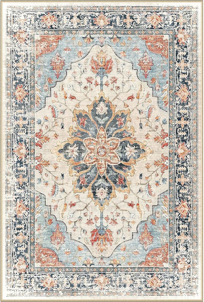 Area Rugs Square 10ft Washable Non-Slip, Floral Vintage Distress Print Pattern by RELEANY