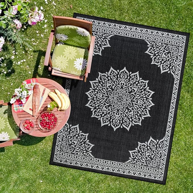 CAMILSON Outdoor Rug, 5x7 Medallion Black White Modern Area Rugs - Image 5
