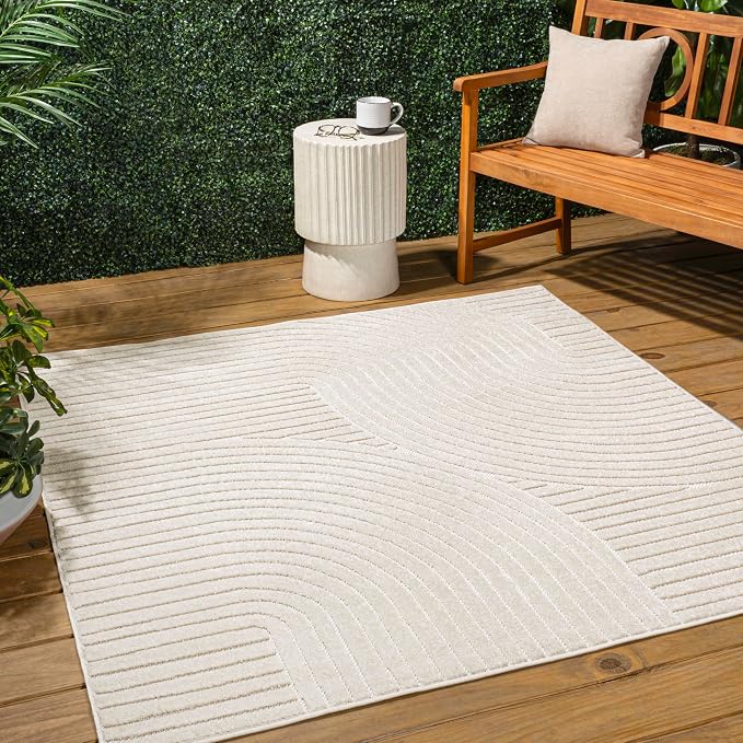 JONATHAN Y Hallie High-Low Curve Ivory/Cream 6x6 Square Indoor/Outdoor Area Rug by JONATHANY