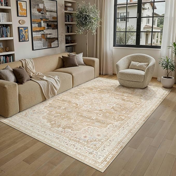 HUGEAR Machine Washable Area Rugs 5x7 Vintage Beige Brown Living Room Bedroom by HUGEAR