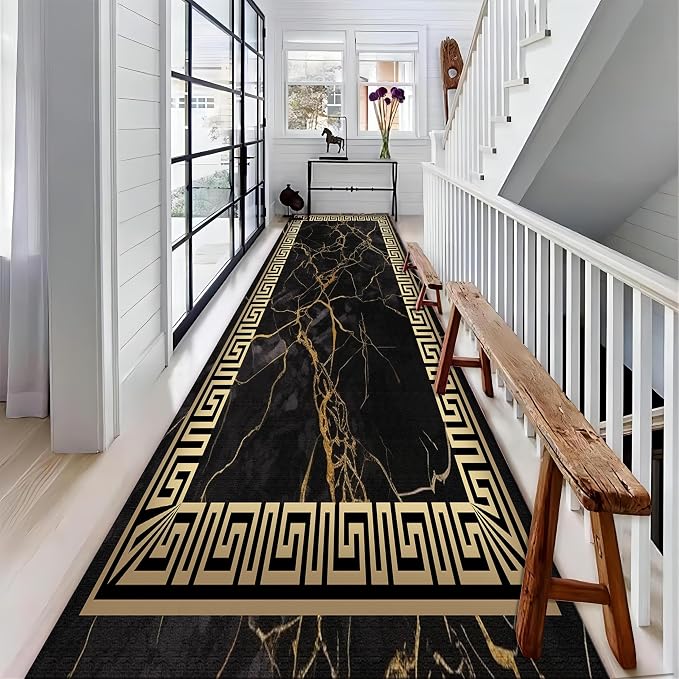 Black Gold Marble Texture Entryway Carpet, Greek Key Geometric Design Bedroom - Image 3