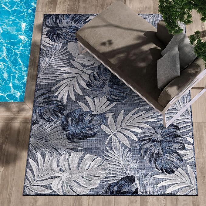 CAMILSON Indoor Outdoor Rug Navy Blue 4x6 Leaf Tropical Botanical Area Rugs - Image 7