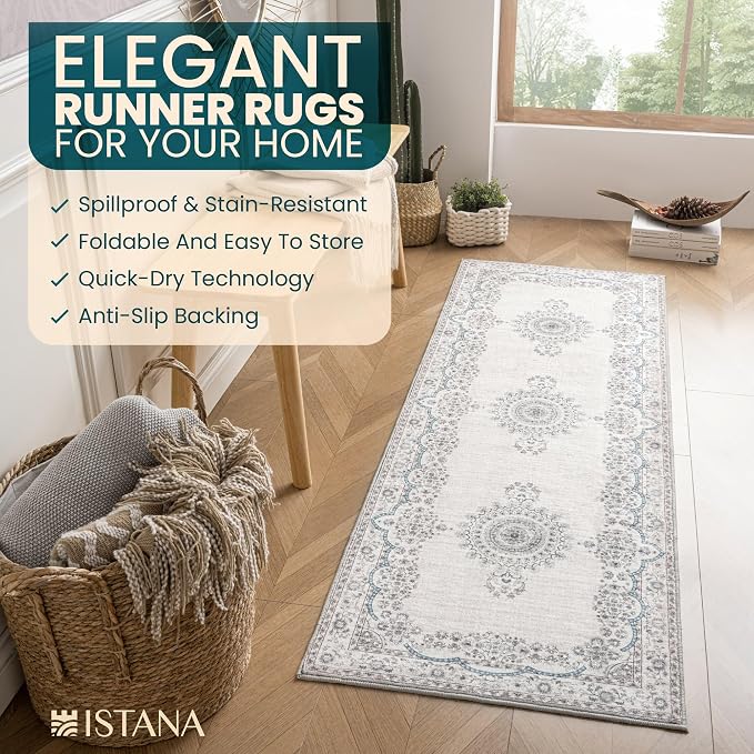 Istana Hallway Runner Rug 2.5x8 – Pink Beige Whisper/Grey/Blue Entryway Rug - Image 5