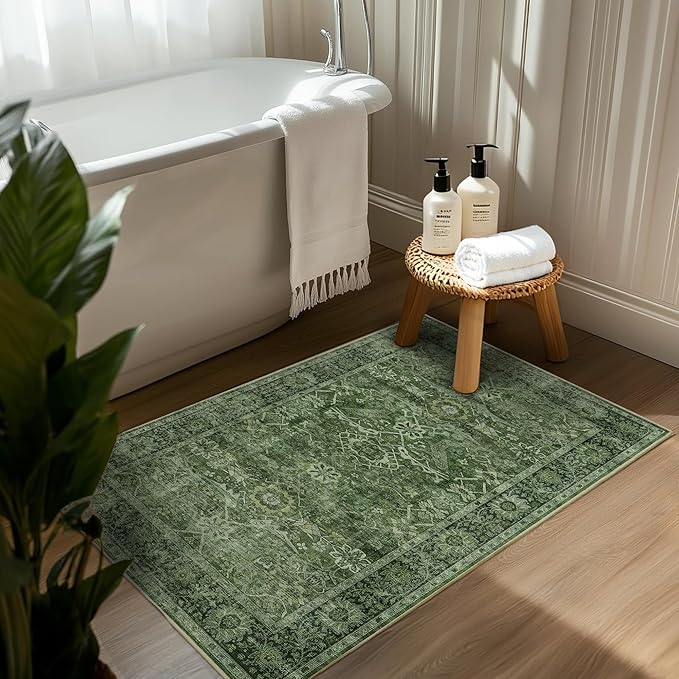 2x3 Entryway Rug Green Washable Vintage Rugs - Image 3