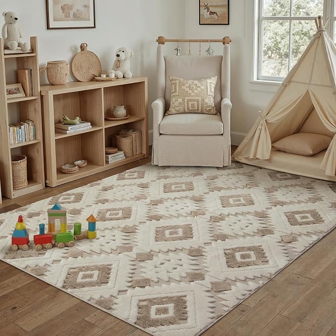 Ivory Brown 4x6 Area Rug Washable Moroccan Shag Office Carpet Non Slip Soft by PureCozy