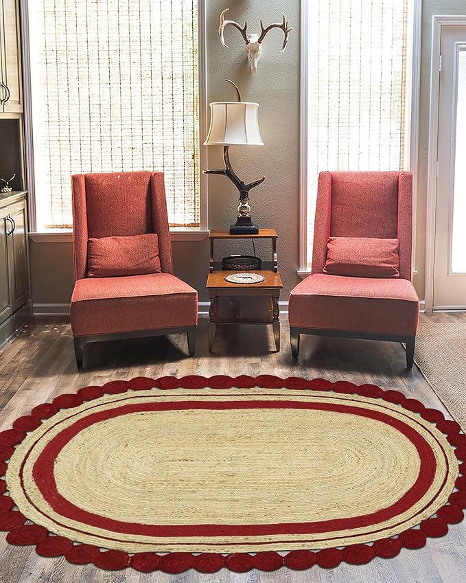 3x12 Oval Jute Runner – Oval Flatweave Kilim Rug, Solid Red Beige, Hand Braided - Image 2