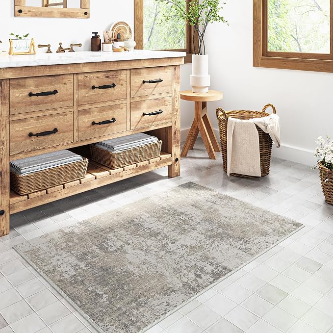 Modern Abstract Beige Gray Area Rug 2x3 Entryway Door Mat Machine Washable - Image 4