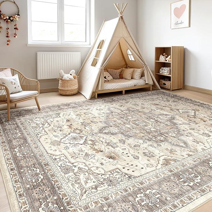 7x9 Area Rug Living Room: Washable Boho Large Neutral Vintage Soft Rugs Stain - Image 5