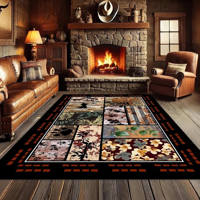 Rustic Cabin Area Rug 3x4ft, Animal & Moroccan Plaid Pattern Vintage Boho Carpet - Image 2
