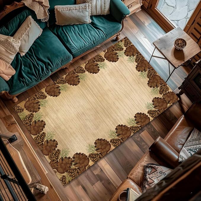 Rustic Lodge Brown Area Rug 4x5ft Pine Cone Leaf Botanical Print Home Decor Non - Image 4