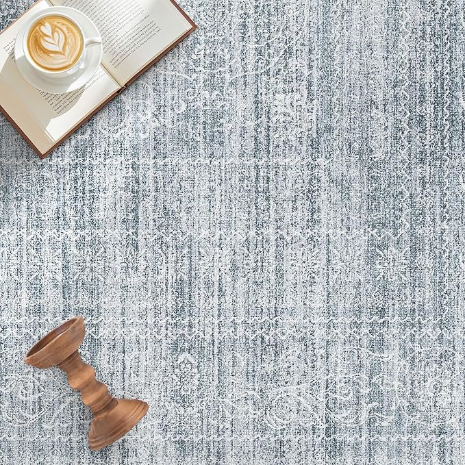 5x7 Area Rugs Living Room: Washable Large Vintage Blue Rug Neutral Non-Slip - Image 8