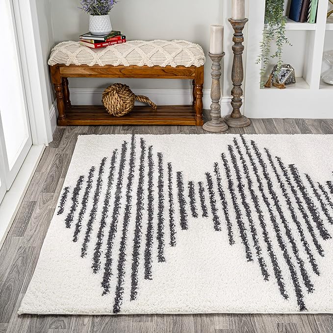 JONATHAN Y Elm Diamond Stripe Shag White/Gray Indoor Area Rug, Contemporary - Image 3