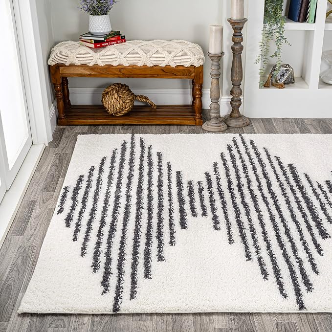 JONATHAN Y Elm Diamond Stripe Shag White/Gray Indoor Area Rug, Contemporary - Image 3