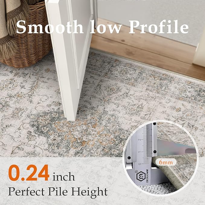 HUGEAR 2x6 Runner Rug Hallway Machine Washable Retro Taupe Green Vintage Floral - Image 4