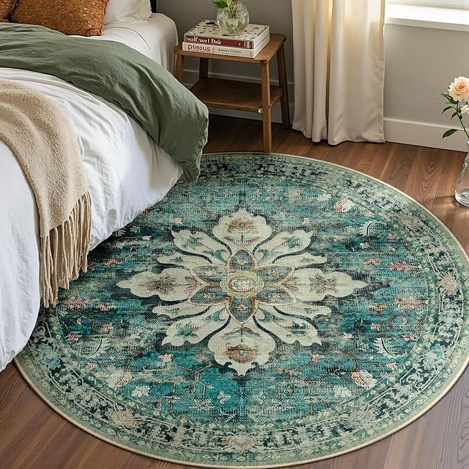 Area Rugs 4ft Washable Non-Slip, Floral Vintage Distress Print Pattern by RELEANY