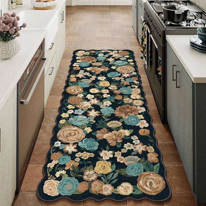 Washable Floral Runner Rug 2x5 Black Hallway Carpet Scalloped Flower Non Slip by PureCozy