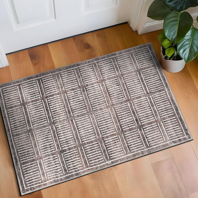 Rugshop Bohemian Stripe Lines Washable Non Slip Area Rug 2' x 3' Brown by Rugshop