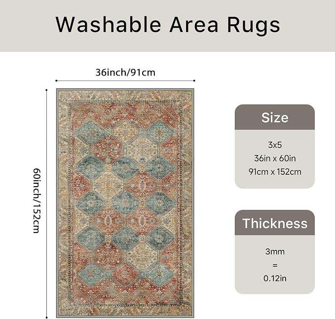 Bavni 3x5 Area Rugs for Living Room, Machine Washable Rug Non Slip, Vintage - Image 2